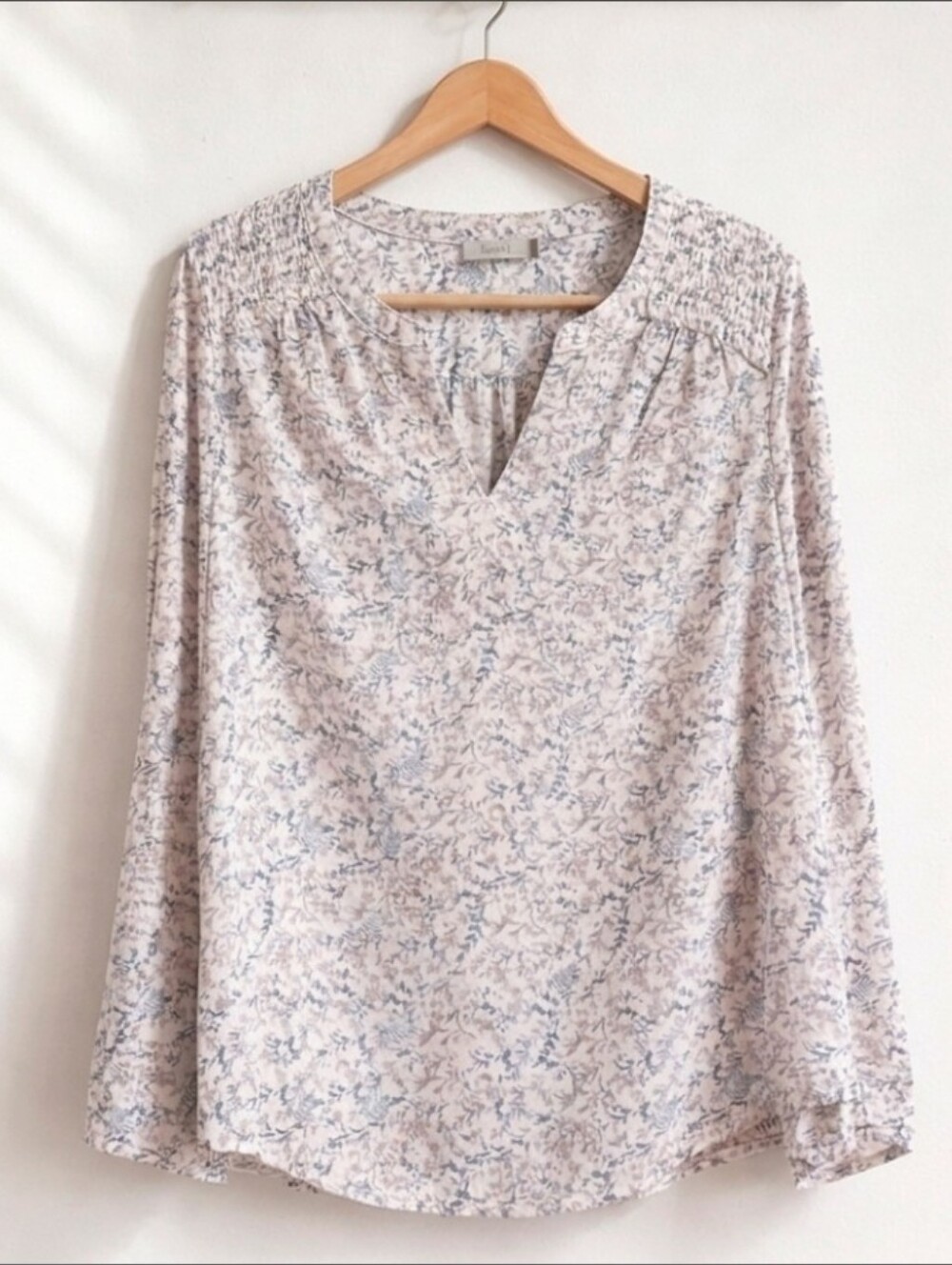 Dalia Large White Navy Floral Botanical Smocked Blouse Coastal Cottagecore